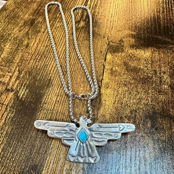 Native American Handcrafted Thunderbird Turquoise and Silver Pendant Necklace, - Picture 11 of 11